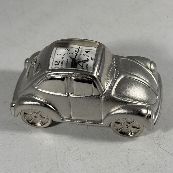 Vintage Mini VW Bug Miniature Clock Volkswagen New Battery‎ Silver Quartex - Picture 1 of 7